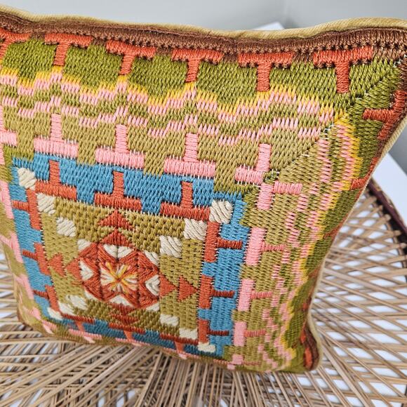Vintage 70s Smokey Topaz Needlepoint Pillow Wool Yarn Tan Rust Blue Olive Velvet - Picture 2 of 8